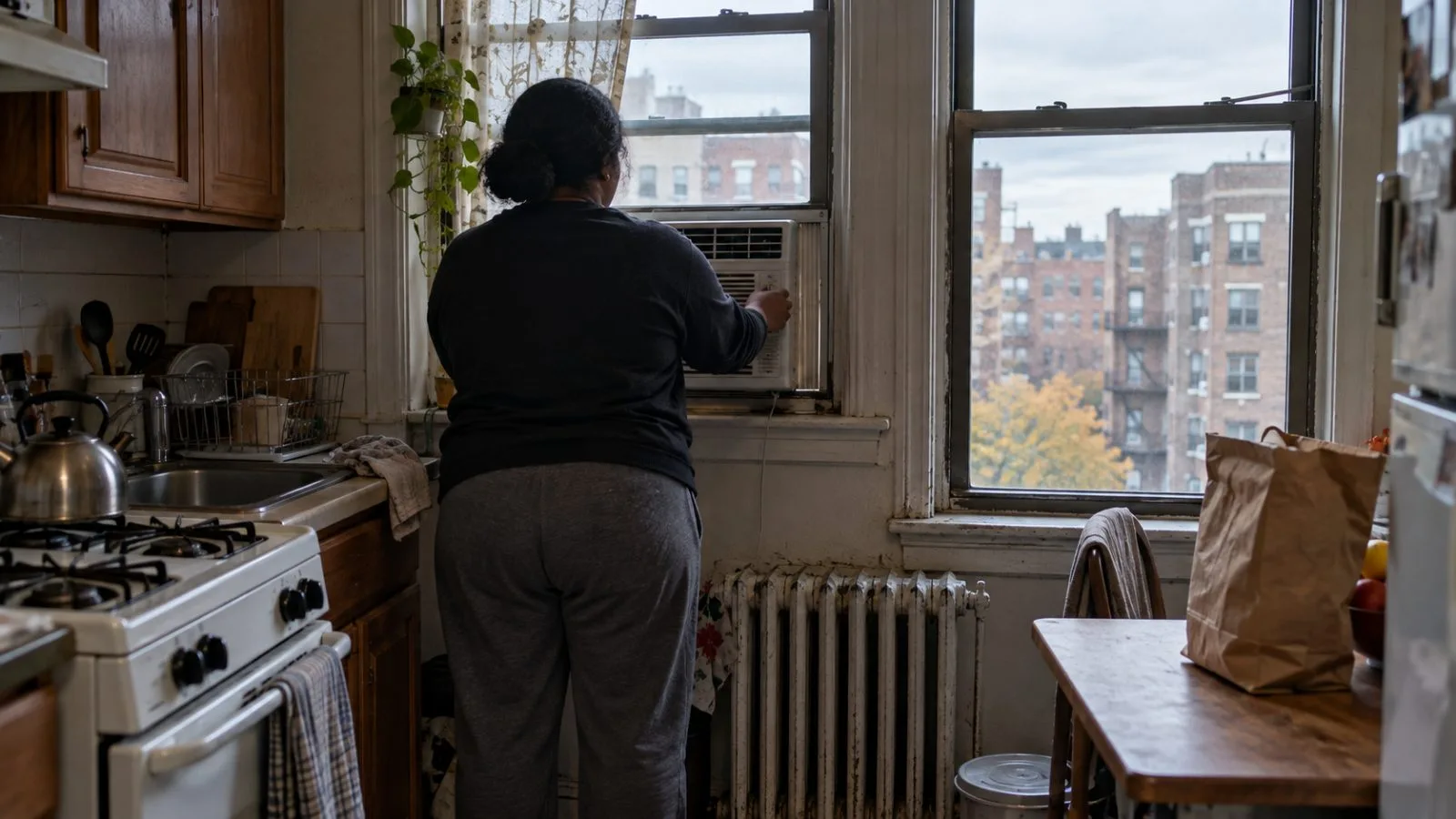 A resident adjusts a window air conditioner in a Bronx apartment in New York City. (AI-generated image / EconoTimes)