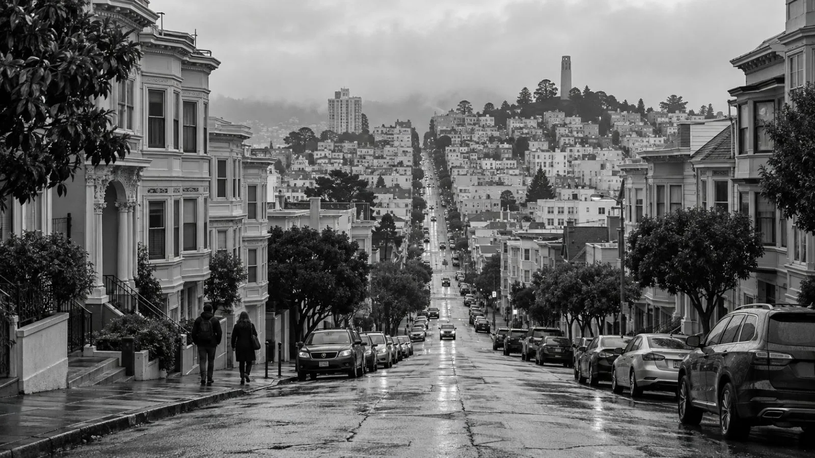 Apartment buildings and homes line a residential street in San Francisco, California. (AI-generated image / EconoTimes)