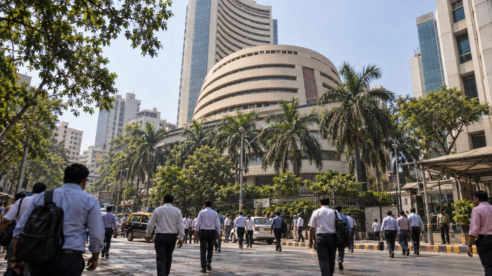 Investors and office workers pass the Bombay Stock Exchange on Dalal Street in Mumbai, India. / EconoTimes.ai