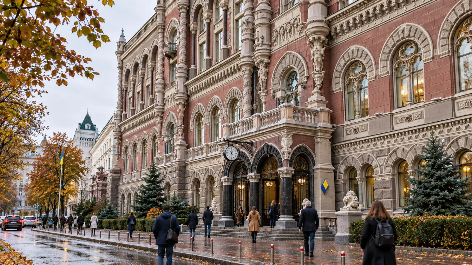 Pedestrians pass the National Bank of Ukraine headquarters in Kyiv. / EconoTimes.ai