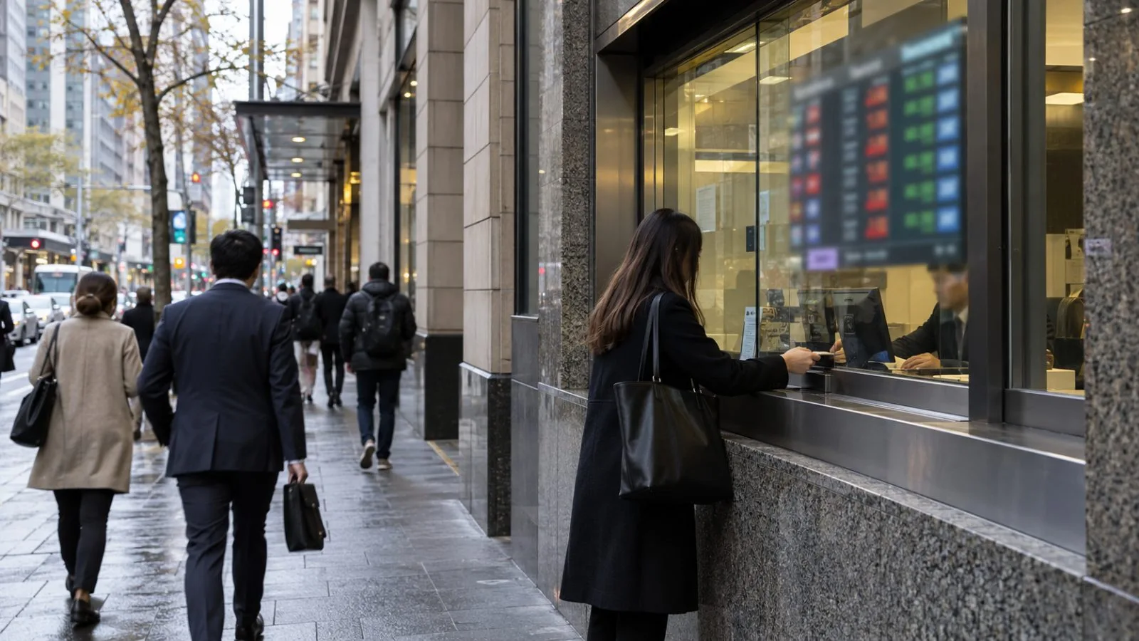 Pedestrians pass a currency exchange window on Pitt Street in Sydney, Australia. (AI-generated image / EconoTimes)