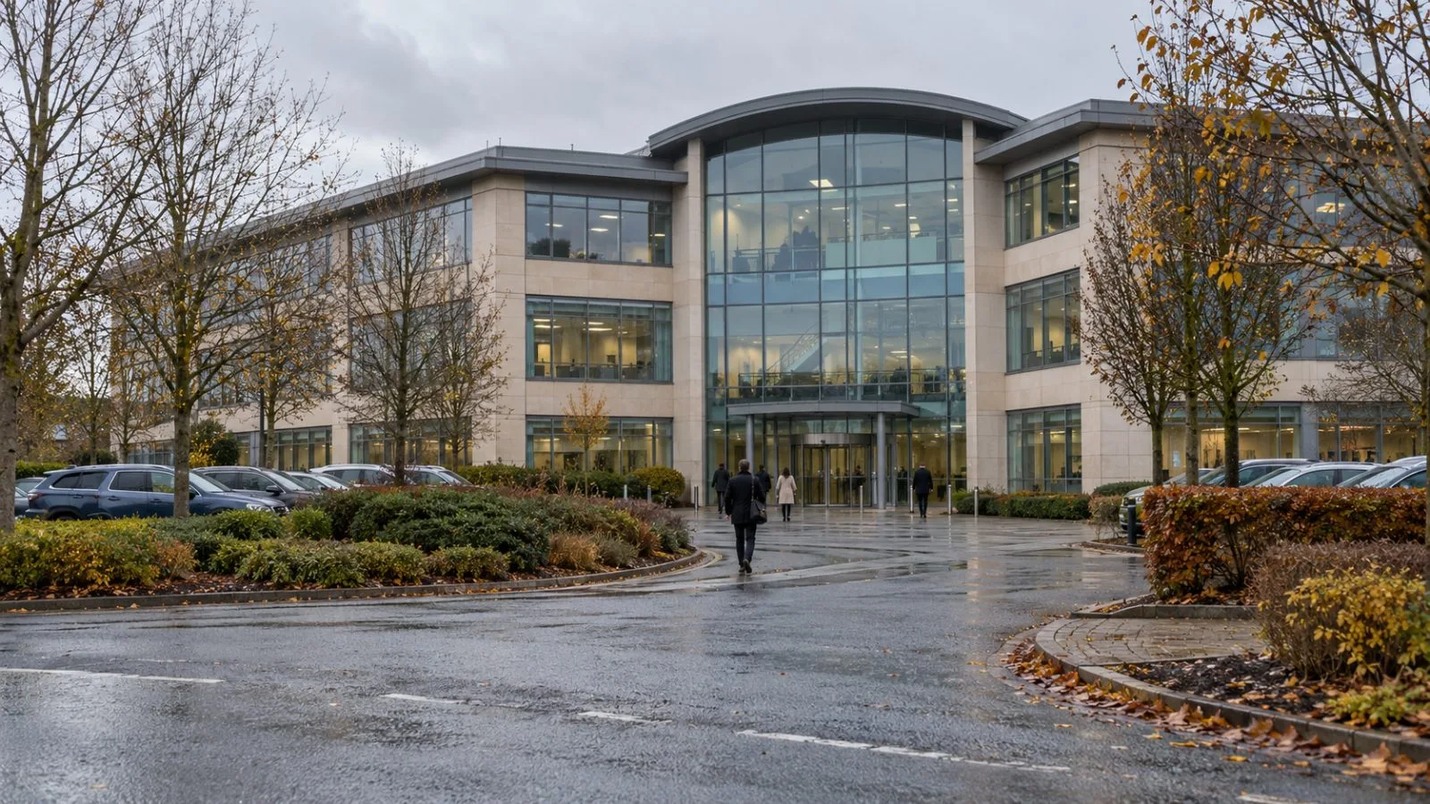 The office complex at Whitbread Court stands beside landscaped grounds in Dunstable, England. (AI-generated image / EconoTimes)