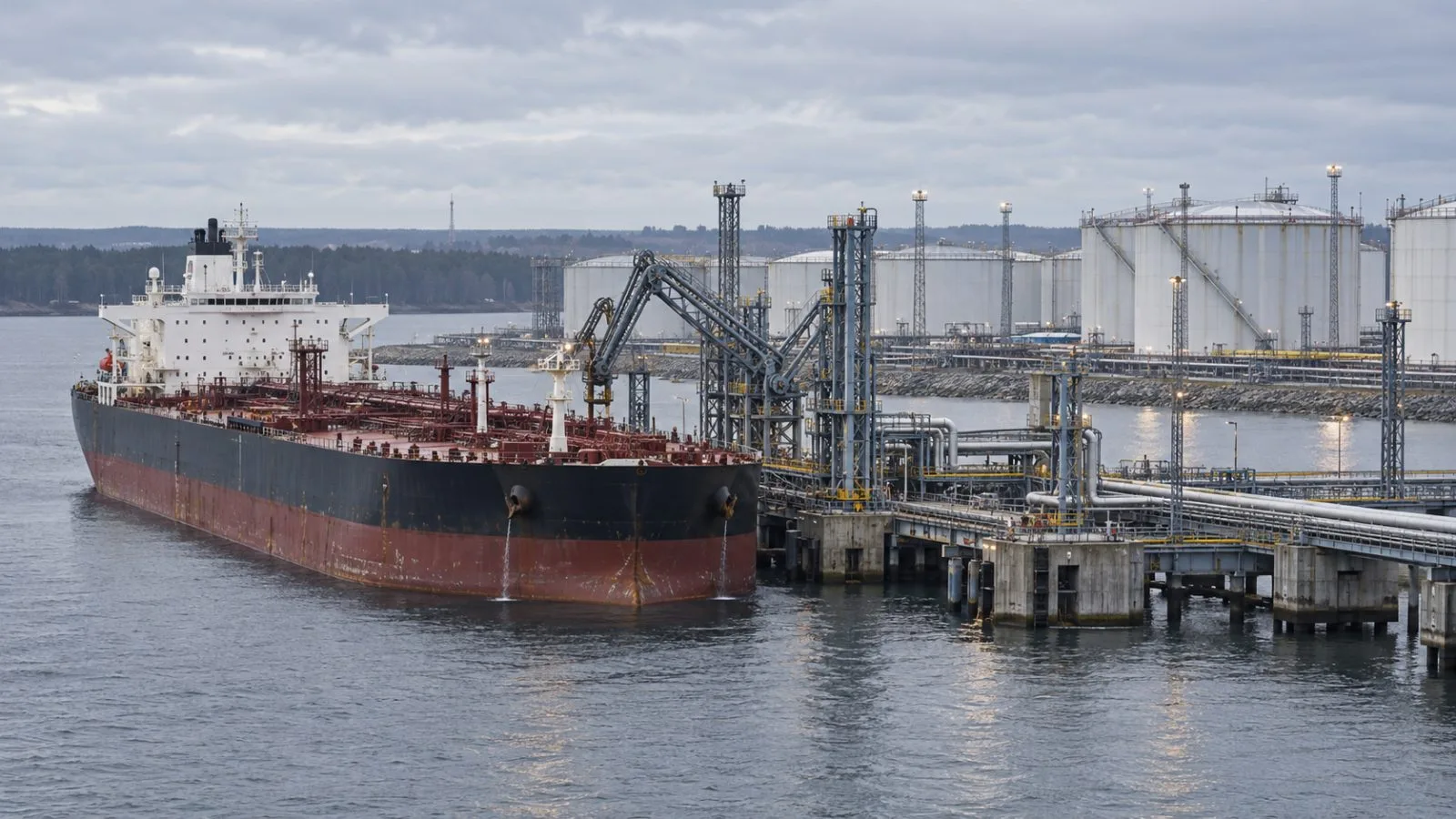 An oil tanker sits beside loading arms at Primorsk oil terminal in Russia. (AI-generated image / EconoTimes)