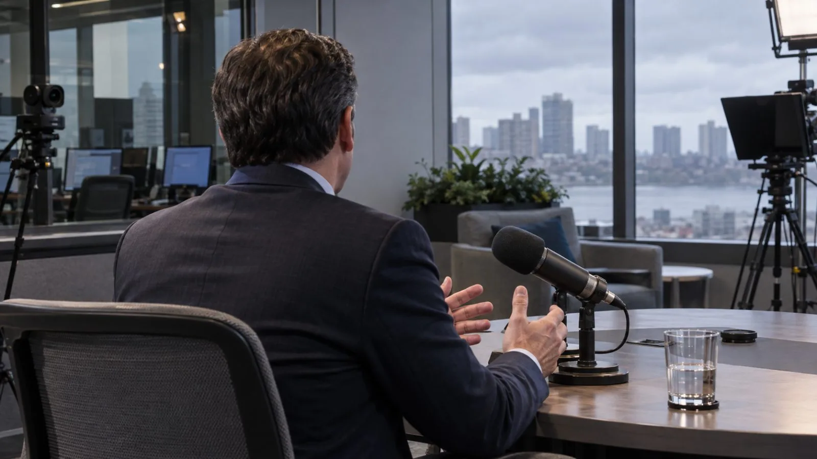A guest speaks beside a microphone at a CNBC studio in Englewood Cliffs, New Jersey. (AI-generated image / EconoTimes)