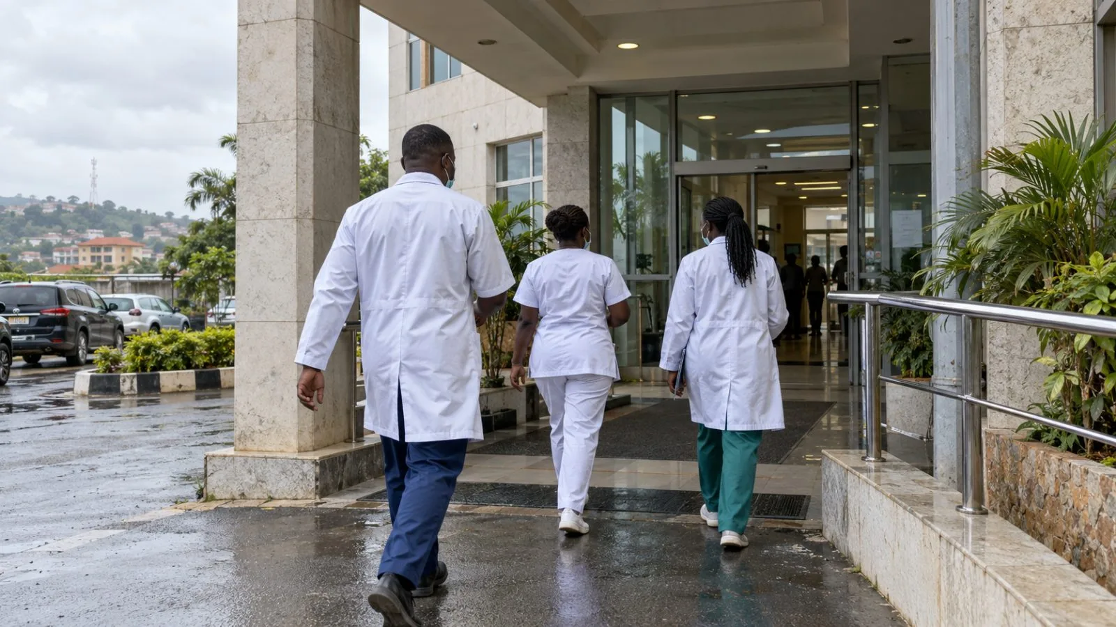 Masked health workers enter a private hospital in Abuja, Nigeria. (AI-generated image / EconoTimes)