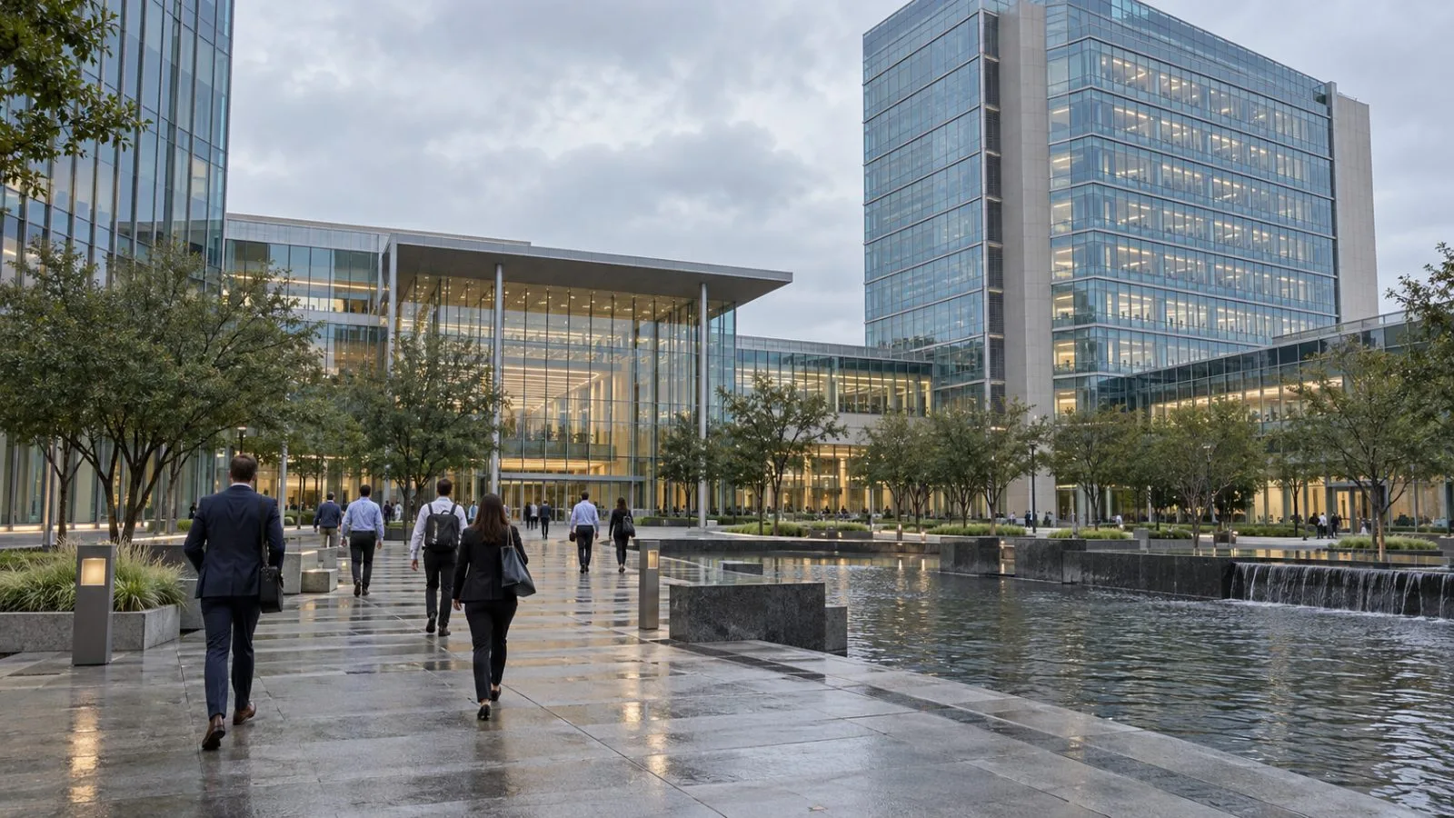 Employees cross the plaza outside Phillips 66’s Houston headquarters on a cloudy morning. (AI-generated image / EconoTimes)