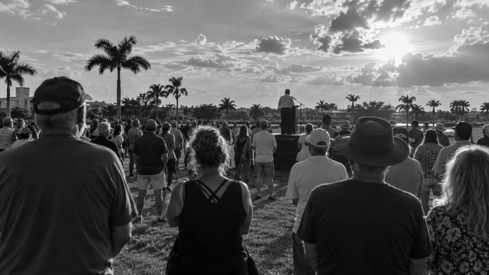 Rallygoers watch a speaker at a political event in Florida (AI-generated image / EconoTimes)