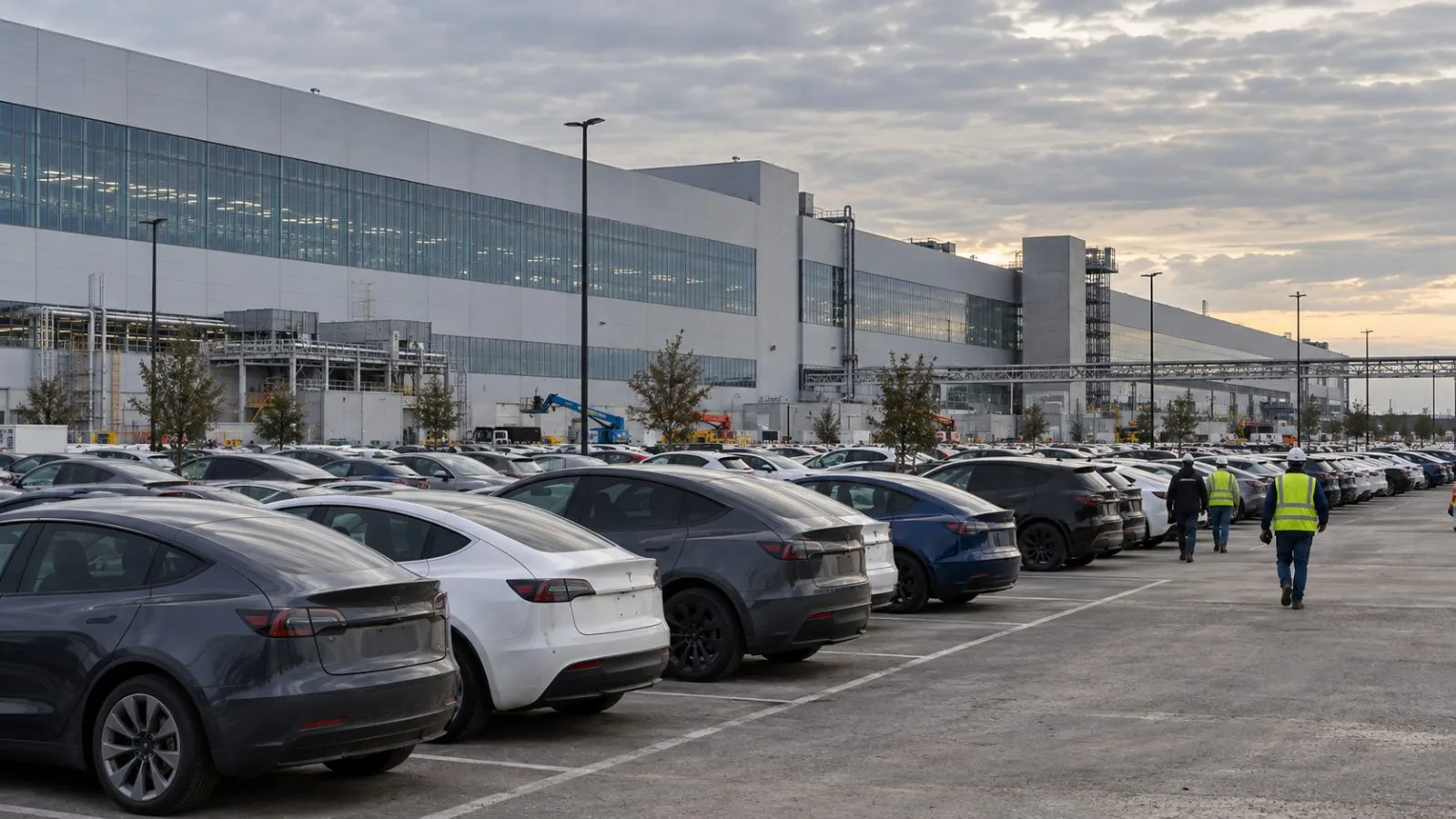 Electric vehicles stand outside a factory in Austin, Texas, under overcast skies. (AI-generated image / EconoTimes)