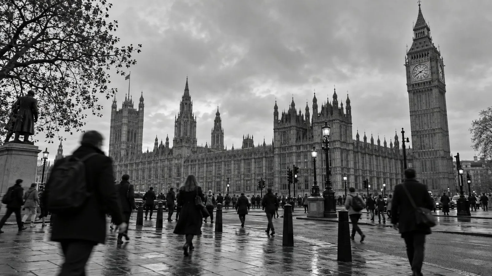 Pedestrians cross Parliament Square outside the Palace of Westminster in London on an overcast autumn morning. (AI-generated image / EconoTimes)