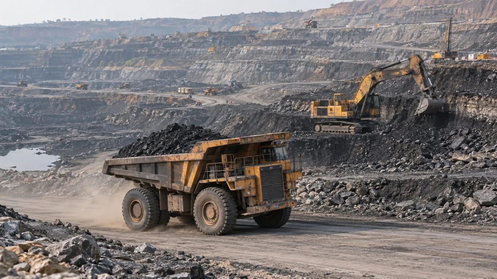 A loaded haul truck carries coal past an excavator at an open-cast mine near Dhanbad, India. (AI-generated image / EconoTimes)