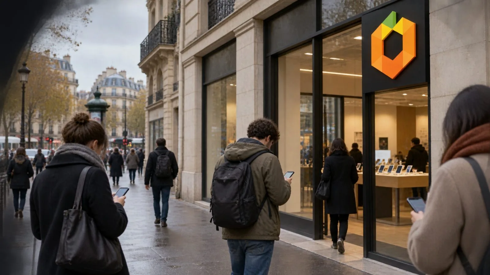 Pedestrians check mobile phones outside a telecommunications shop in Paris, France. / EconoTimes.ai