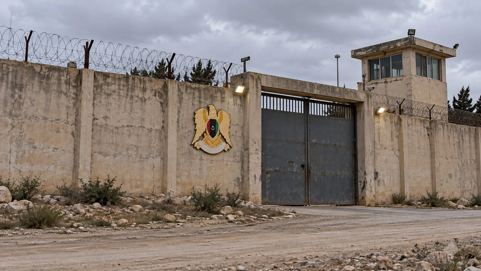 The perimeter wall of Qarnada Military Prison stands near Shahat in eastern Libya. / EconoTimes.ai