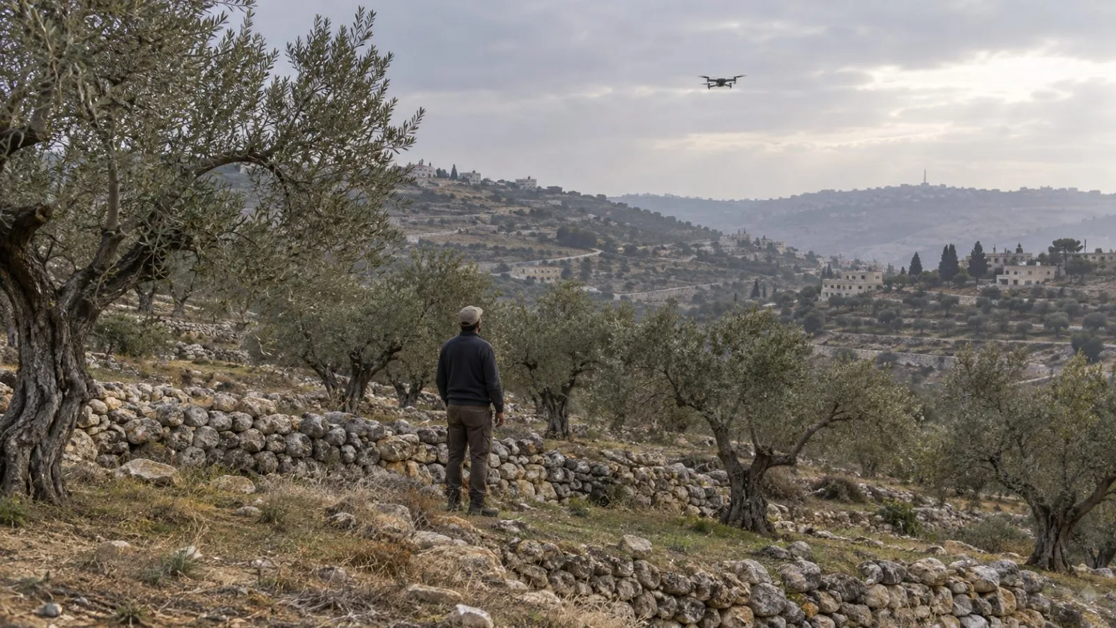 A farmer watches a small drone above olive groves in the occupied West Bank (AI-generated image / EconoTimes)