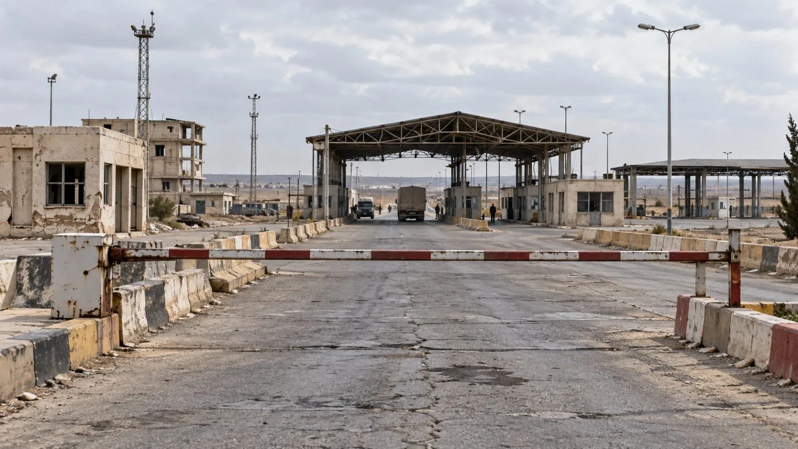 A closed vehicle lane marks the Nasib border crossing in Syria’s Daraa governorate. (AI-generated image / EconoTimes)