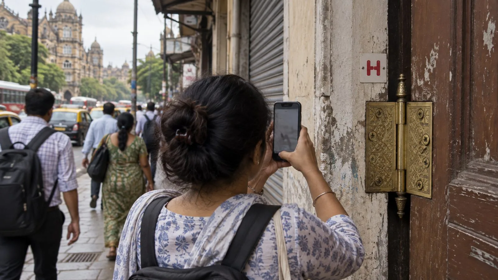 A person holds a smartphone at face height on a Mumbai sidewalk. / EconoTimes.ai