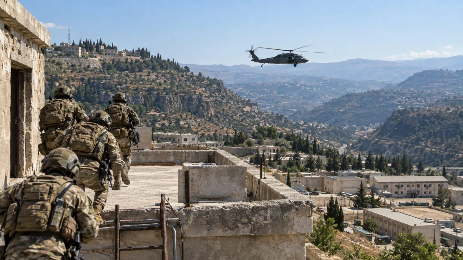 A military helicopter hovers above a barracks roof during a joint training exercise in Hammana, Lebanon. (AI-generated image / EconoTimes)