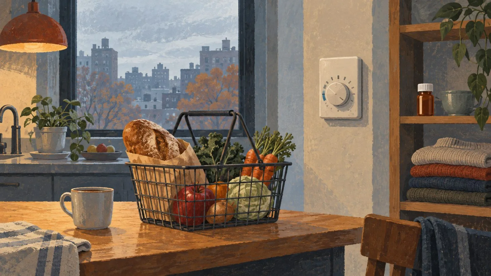 Groceries sit beside a thermostat in a Washington, D.C., apartment kitchen. (AI-generated image / EconoTimes)