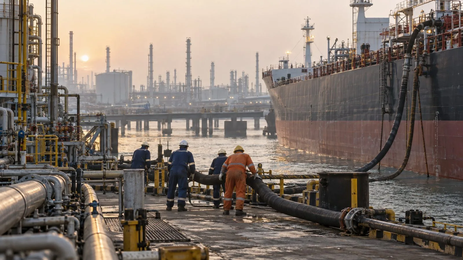 A tanker is loaded with petroleum products at an export terminal in Jamnagar, India. (AI-generated image / EconoTimes)