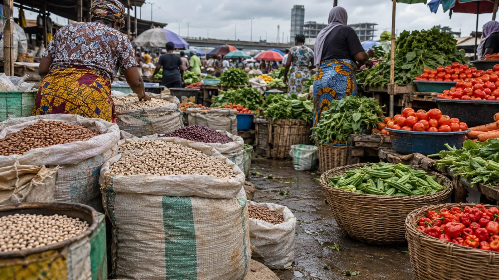 Vendors display sacks of beans and fresh produce at an open-air market in Lagos, Nigeria. (AI-generated image / EconoTimes)