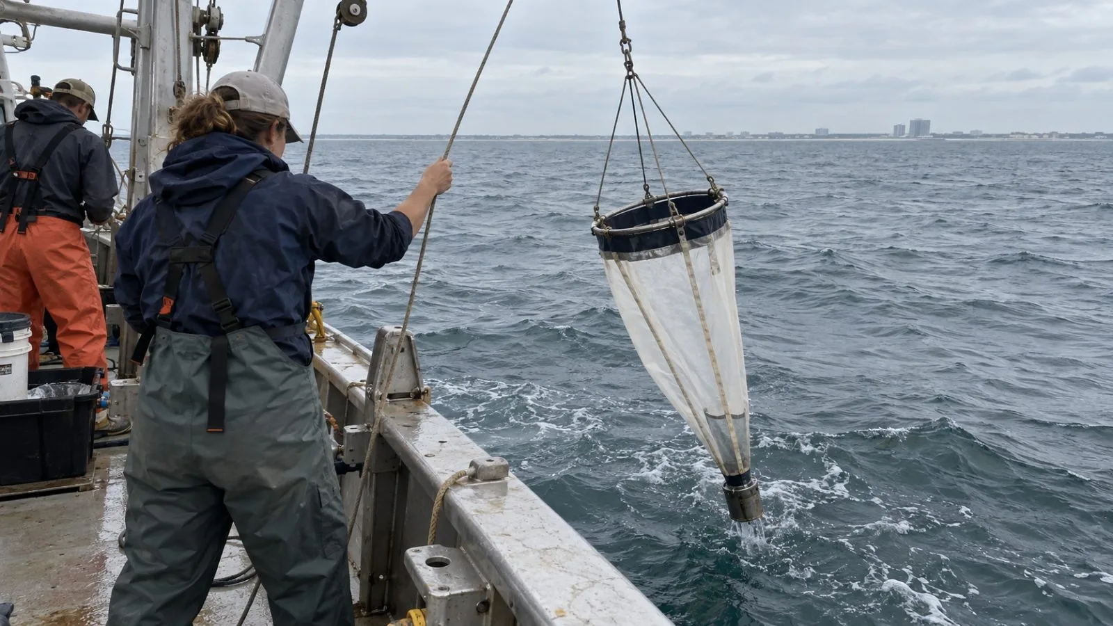 Researchers lower a sampling net into the Gulf of Mexico off Pensacola, Florida. (AI-generated image / EconoTimes)