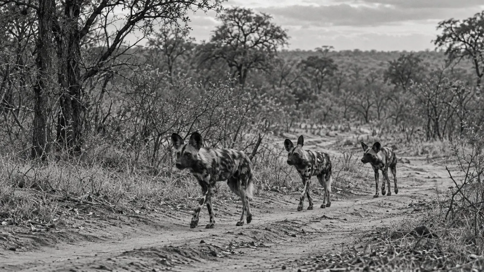 Three African wild dogs move along a dusty track in Luano Game Management Area, Zambia. (AI-generated image / EconoTimes)