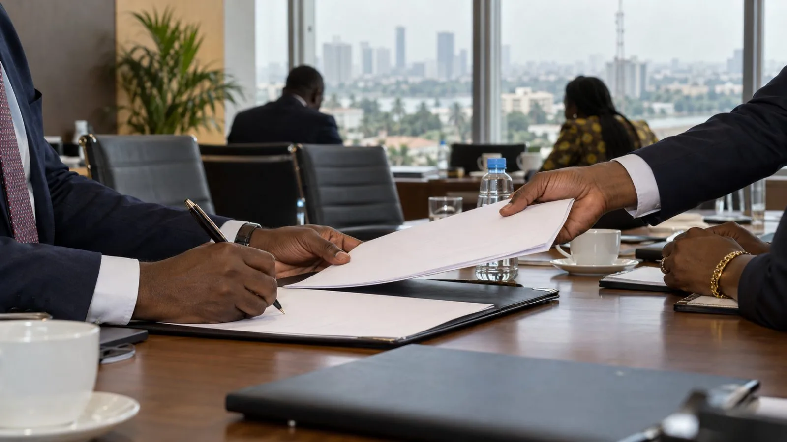 Representatives sign a memorandum at a conference table in Lagos, Nigeria. (AI-generated image / EconoTimes)