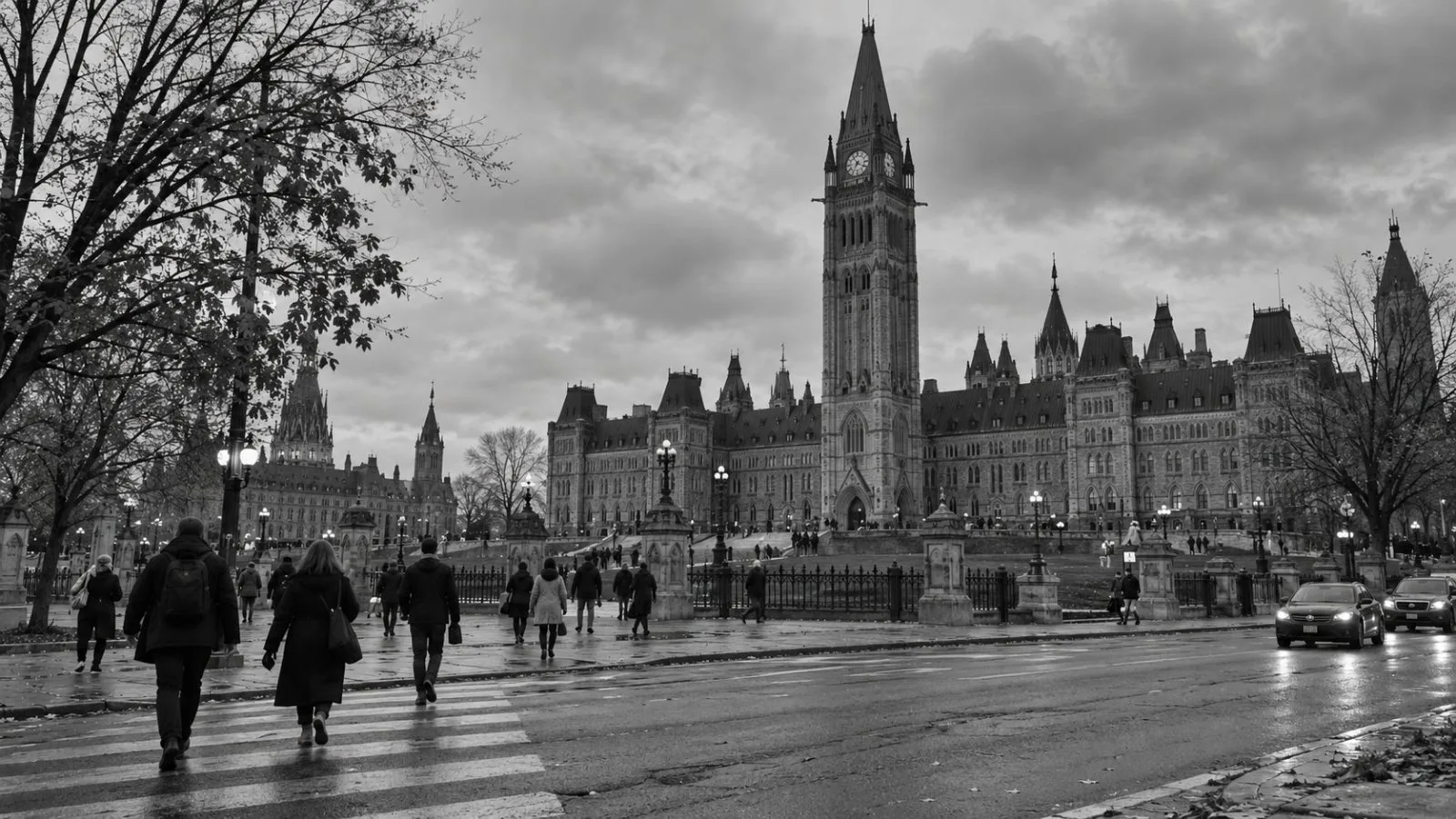 Canada's Parliament precinct stands beneath autumn clouds in Ottawa as pedestrians cross Wellington Street. (AI-generated image / EconoTimes)