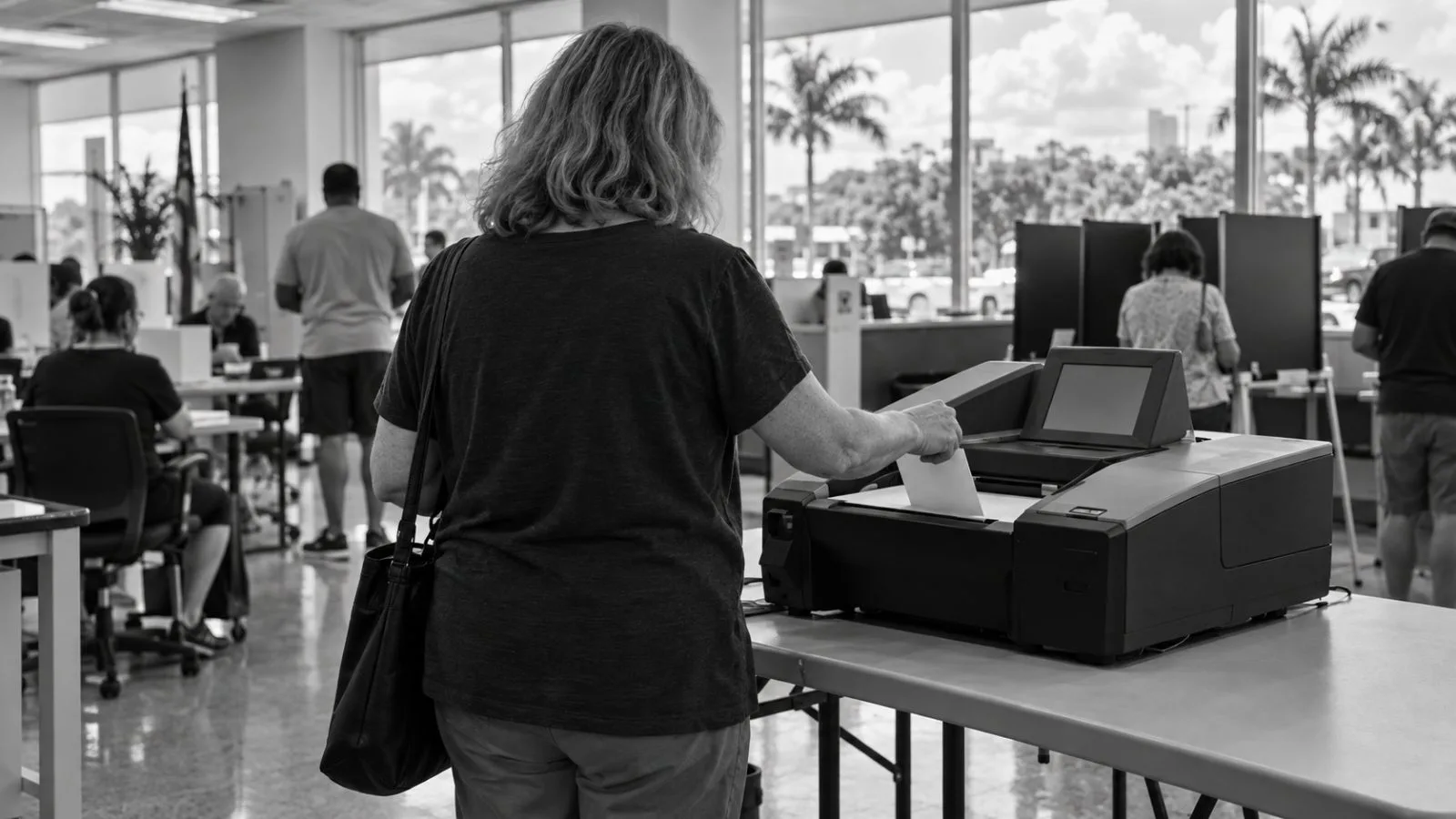 A voter casts a paper ballot at the Palm Beach County elections office in Florida. (AI-generated image / EconoTimes)