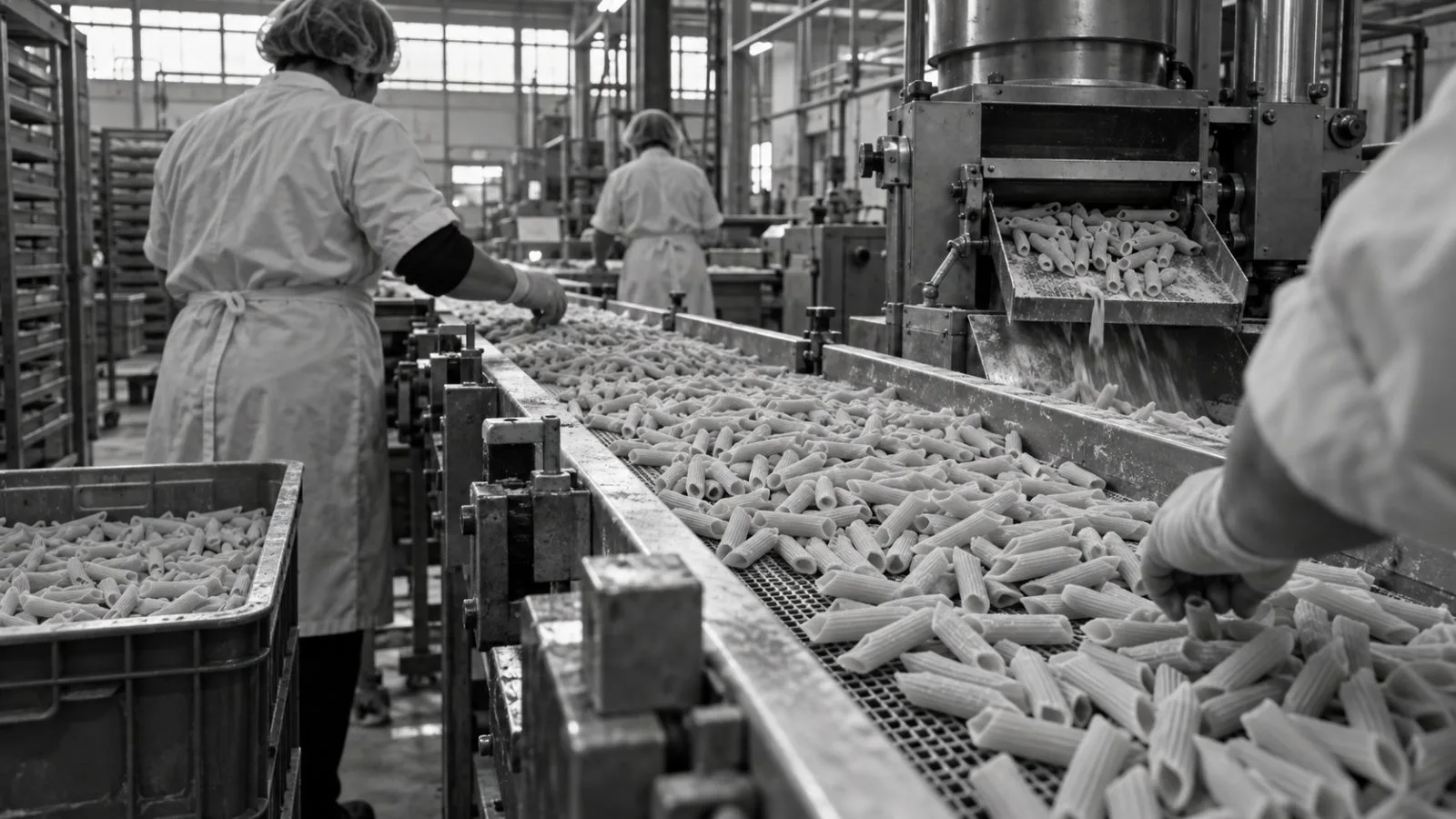 A pasta conveyor runs through a production hall in Lyon, France, as workers inspect the line. (AI-generated image / EconoTimes)