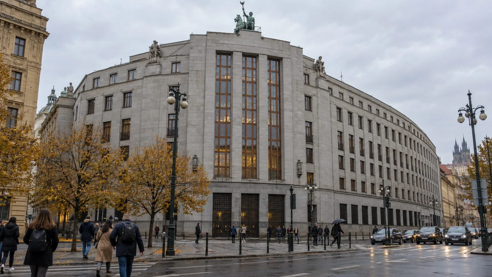 Pedestrians pass the Czech National Bank building in Prague on an overcast morning. (AI-generated image / EconoTimes)