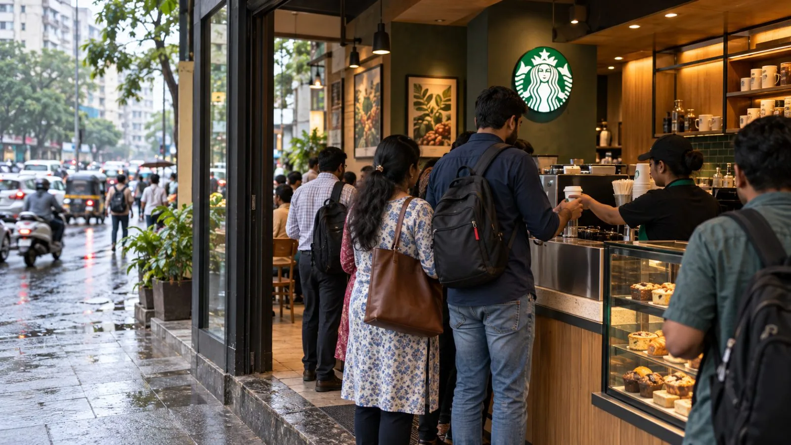 Customers queue inside a coffee shop on a commercial street in Mumbai, India. / EconoTimes.ai