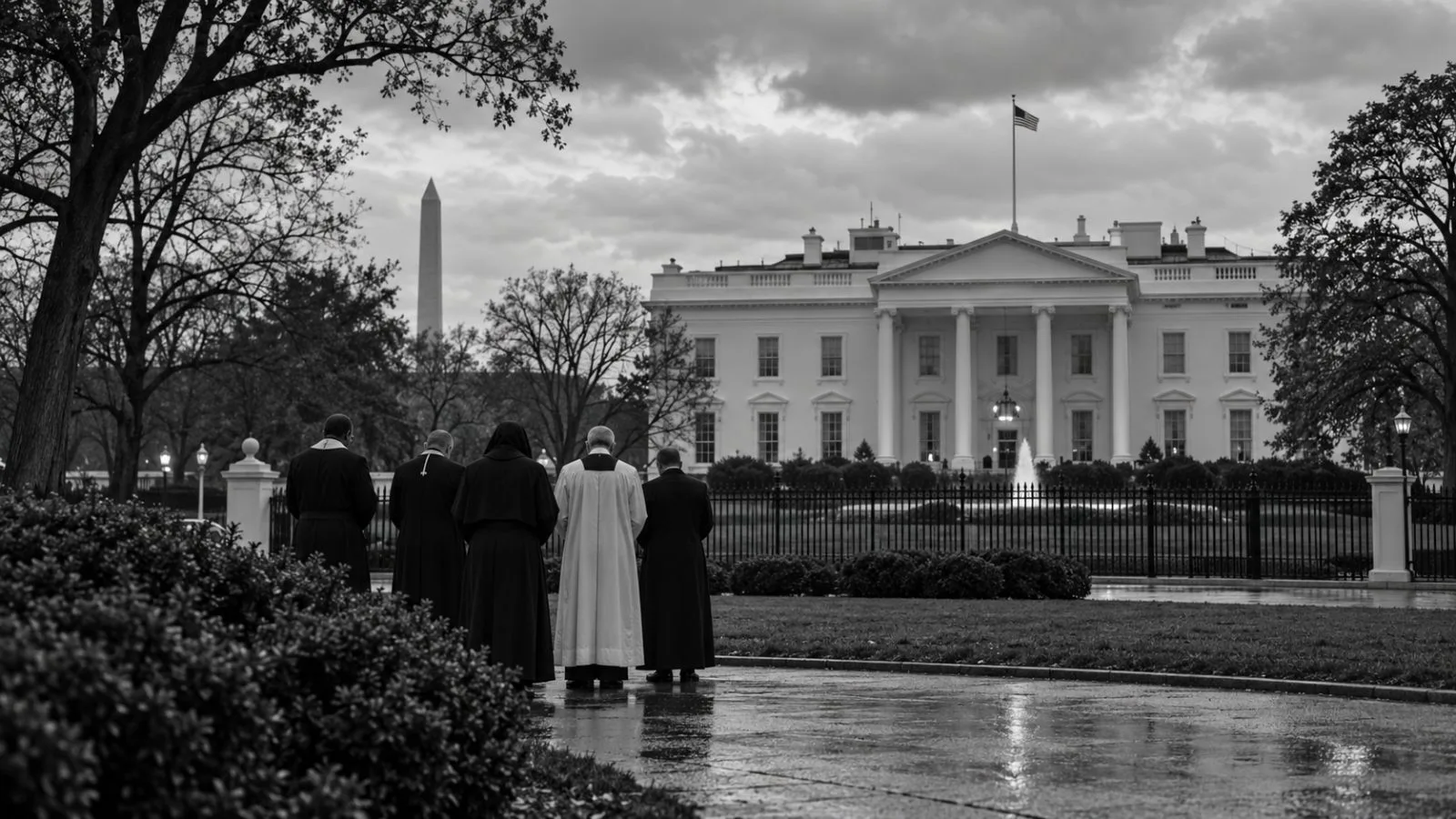 Clergy gather on the White House grounds in Washington, D.C., beneath an overcast afternoon sky. (AI-generated image / EconoTimes)