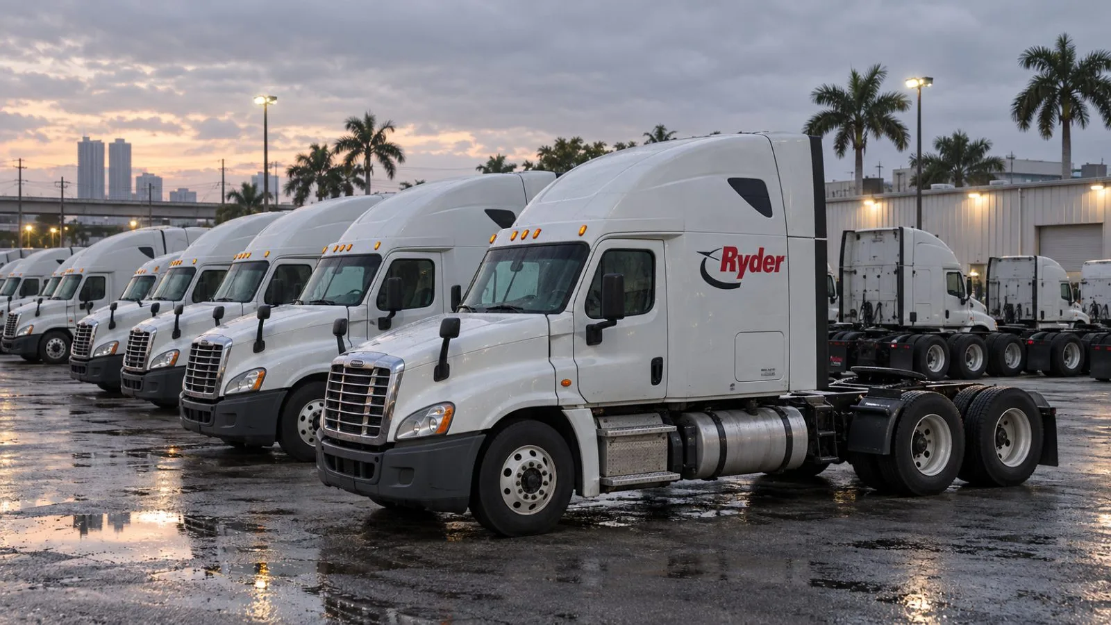 Rental tractors stand in rows at a truck yard in Miami, Florida. / EconoTimes.ai