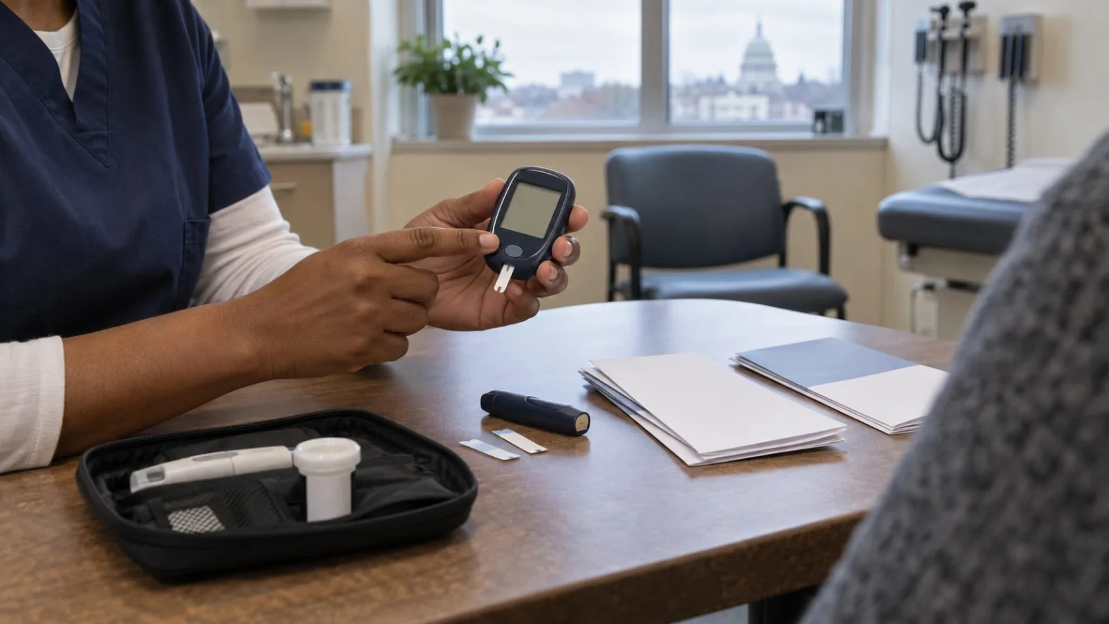 A clinic worker demonstrates a blood glucose meter beside diabetes education materials in Washington, D.C. (AI-generated image / EconoTimes)