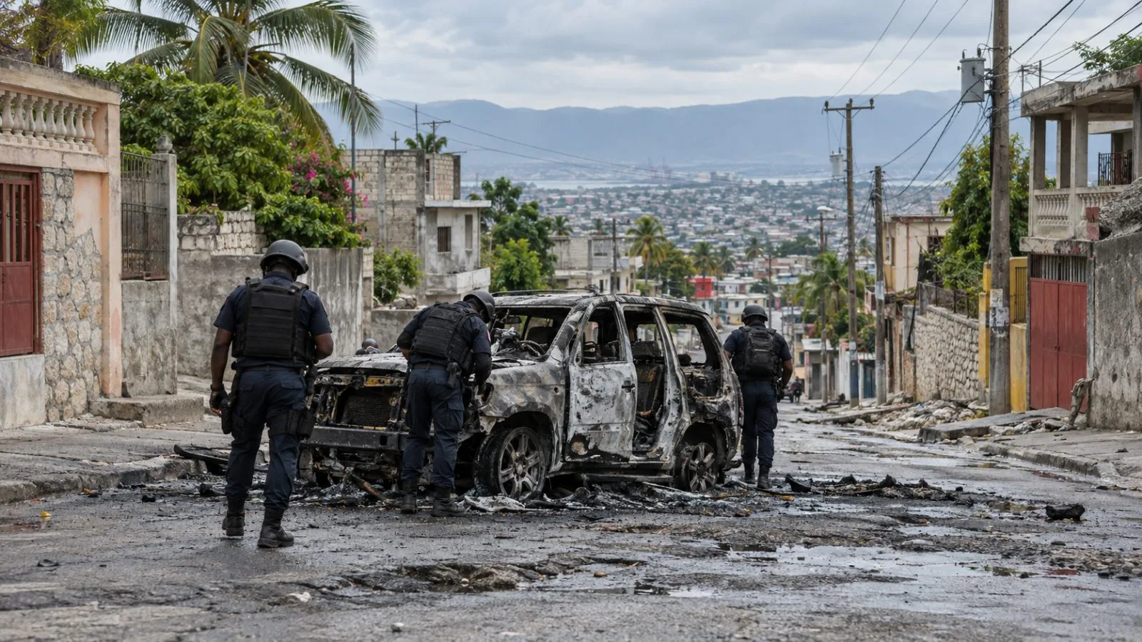 Security personnel inspect a charred vehicle on a street in Port-au-Prince, Haiti. (AI-generated image / EconoTimes)