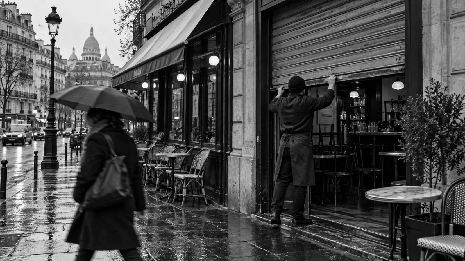 A café worker opens a storefront as a passerby walks by in Paris, France. (AI-generated image / EconoTimes)