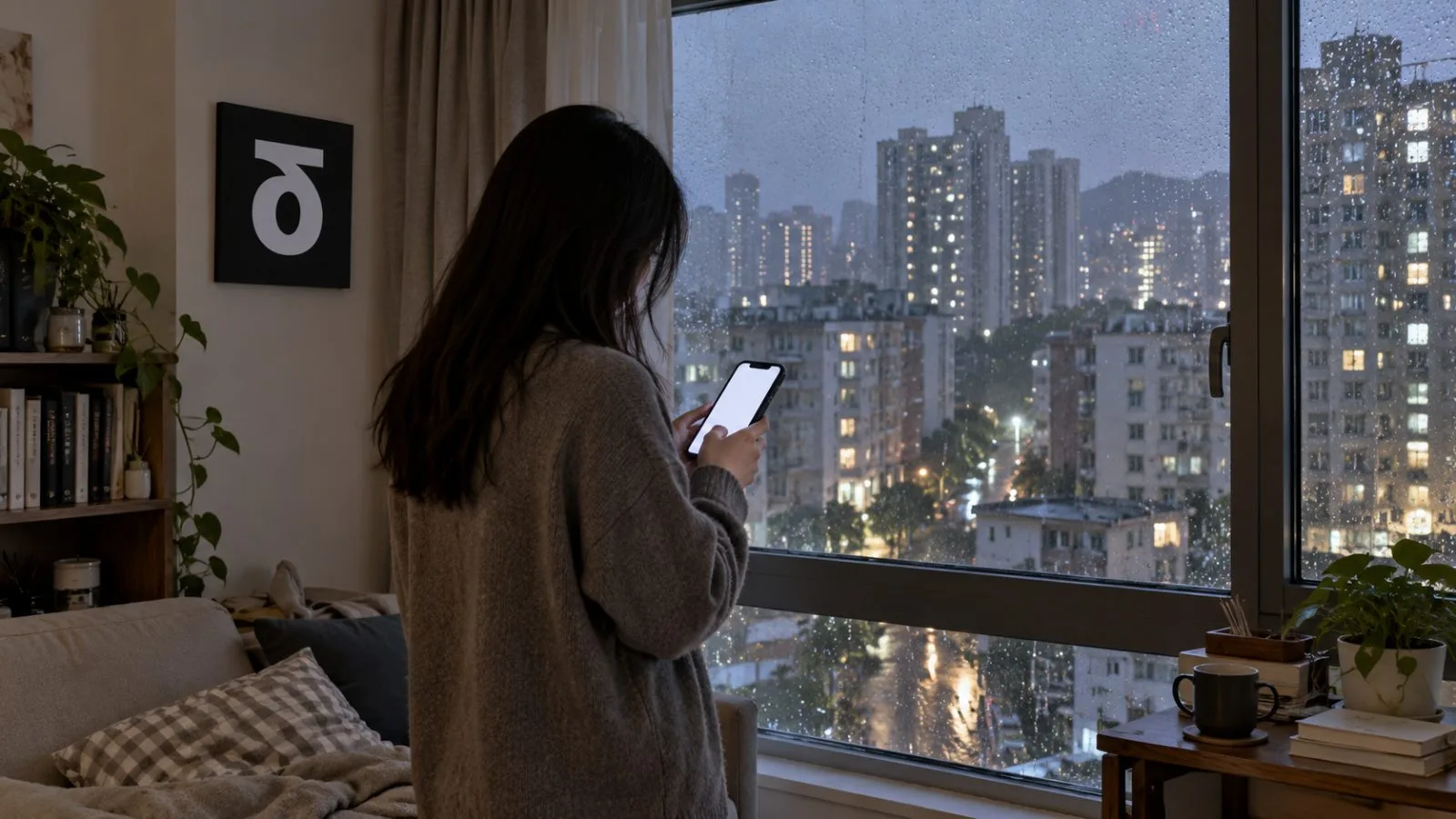 A resident checks a smartphone beside a rain-streaked window in Seoul, South Korea. / EconoTimes.ai