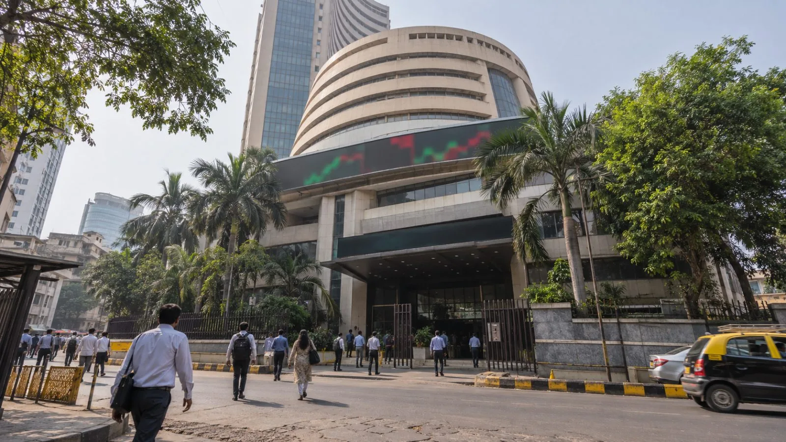 Pedestrians pass the Bombay Stock Exchange building on Dalal Street in Mumbai. (AI-generated image / EconoTimes)