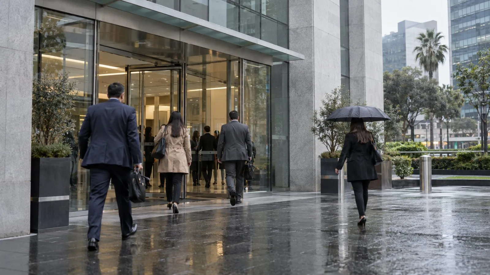 Commuters pass a financial services office entrance in San Isidro, Lima, Peru. (AI-generated image / EconoTimes)