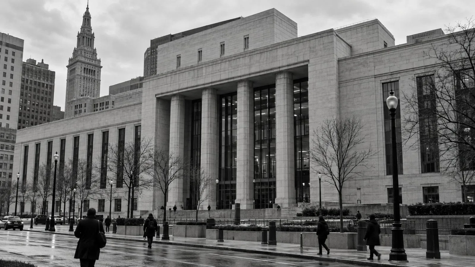 Pedestrians pass the Federal Reserve Bank of Cleveland in Cleveland, Ohio. (AI-generated image / EconoTimes)