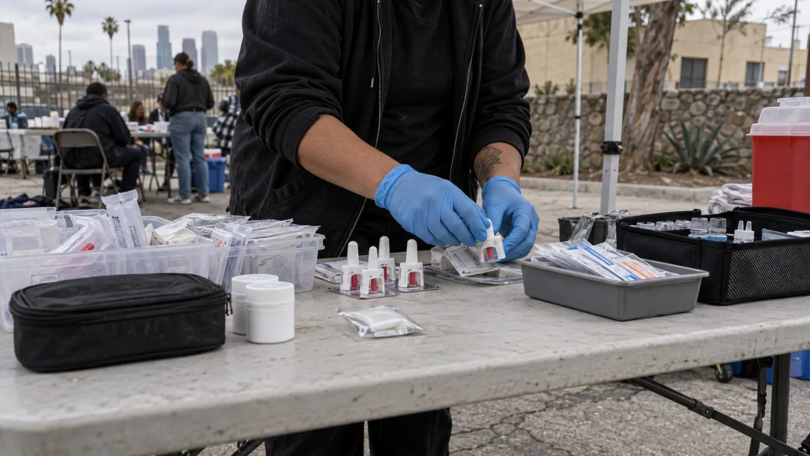 A worker handles overdose-response supplies at a harm-reduction service in Los Angeles County, California (AI-generated image / EconoTimes)