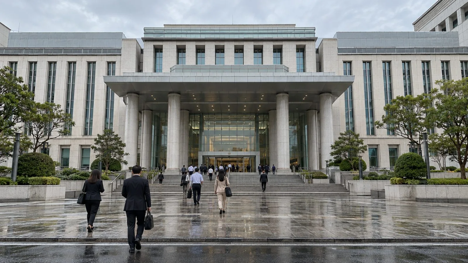 Visitors enter the Central Administrative Court in Bangkok beneath a cloudy morning sky. / EconoTimes.ai