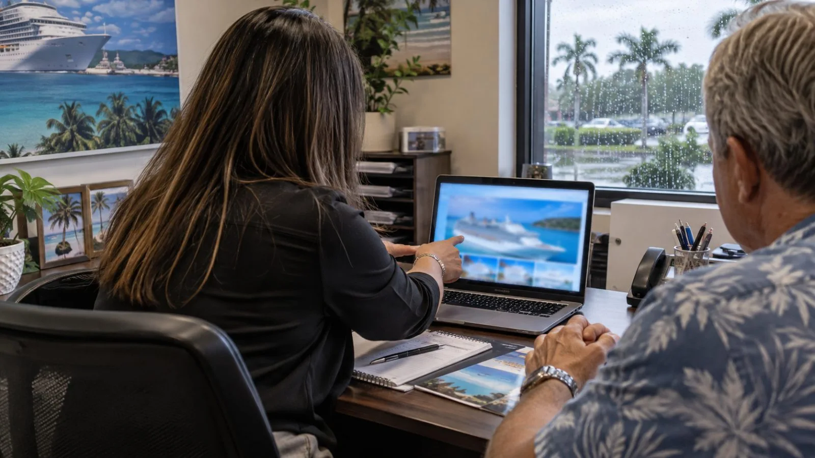 A travel adviser reviews a cruise itinerary with a customer in Sunrise, Florida. (AI-generated image / EconoTimes)