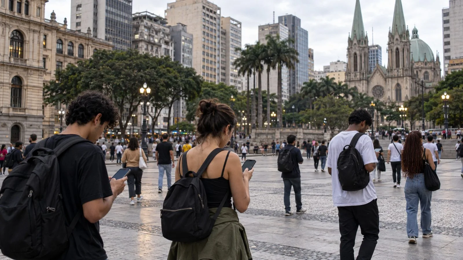 Young adults check their smartphones on a public square in São Paulo, Brazil. (AI-generated image / EconoTimes)