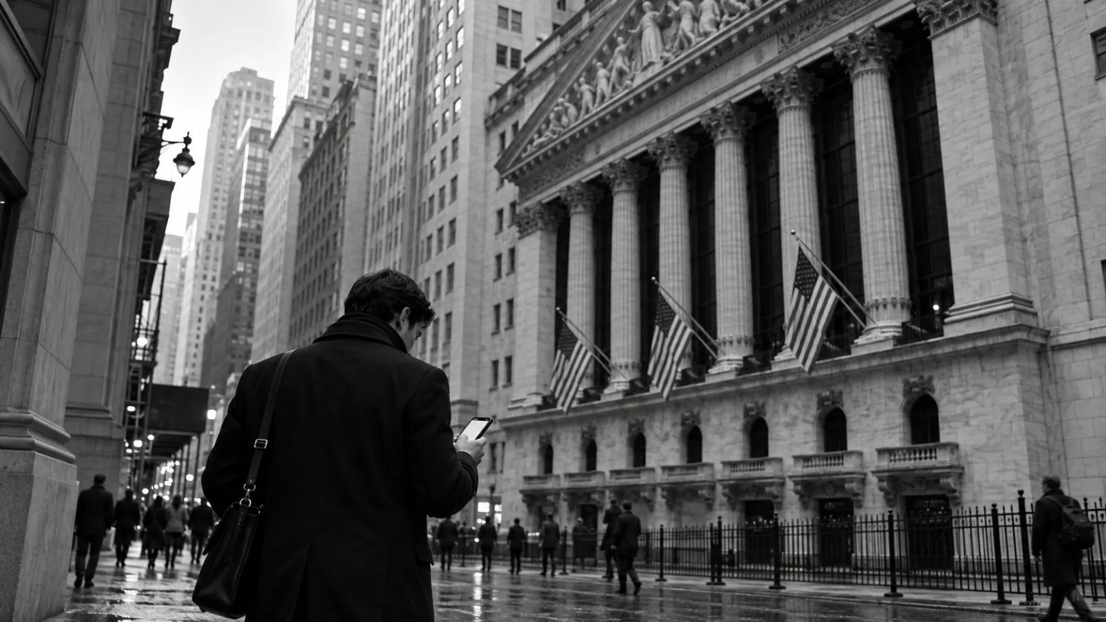 A pedestrian checks a smartphone near the New York Stock Exchange in Manhattan (AI-generated image / EconoTimes)