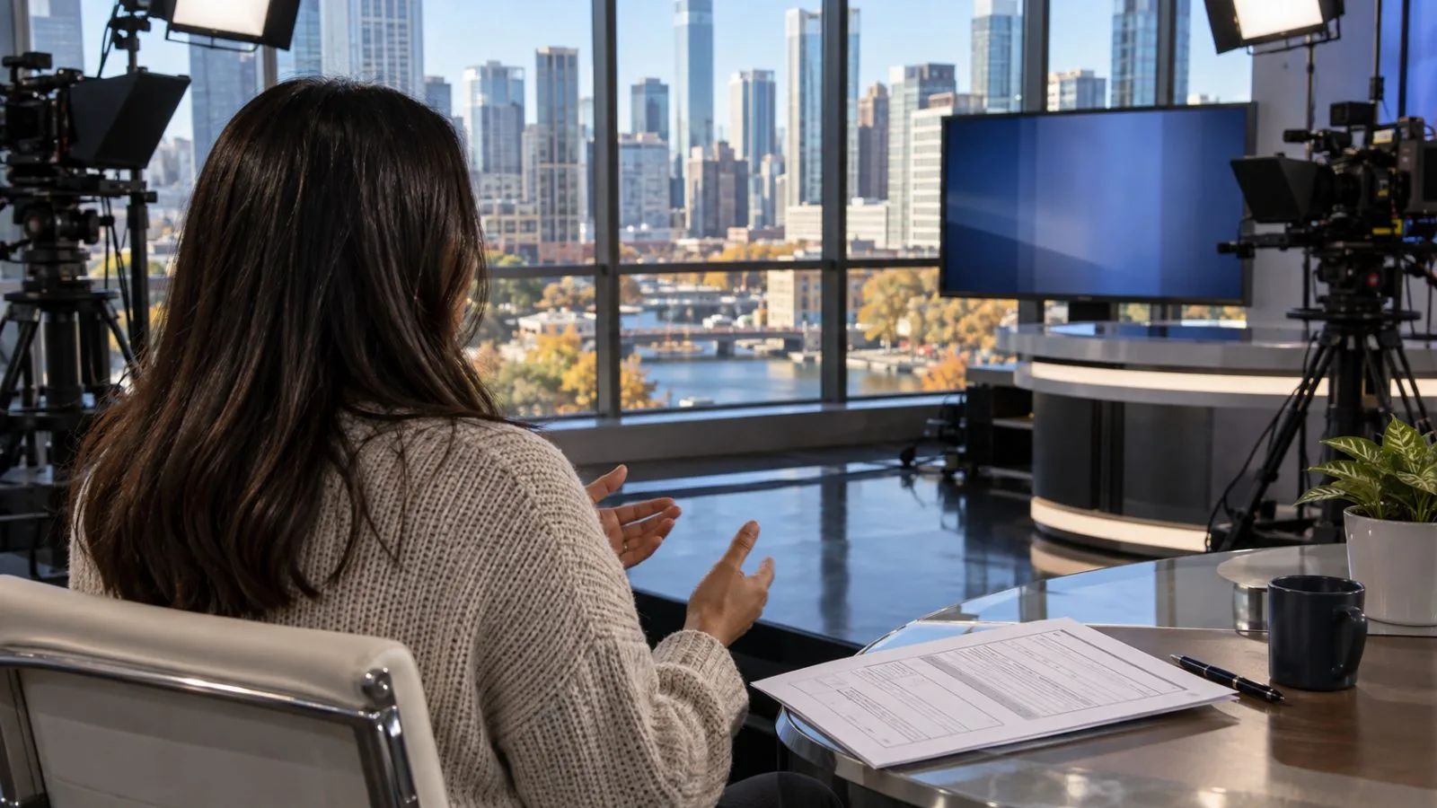 An anonymous guest speaks during a television interview in a Chicago studio (AI-generated image / EconoTimes)
