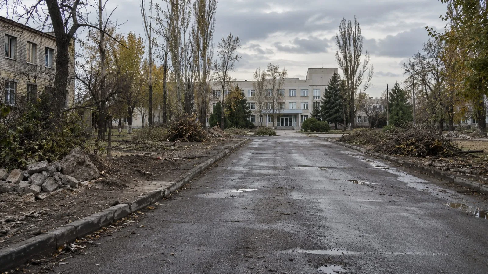 A cleared road leads toward a hospital in Oleshky, Ukraine, ahead of planned aid deliveries. (AI-generated image / EconoTimes)