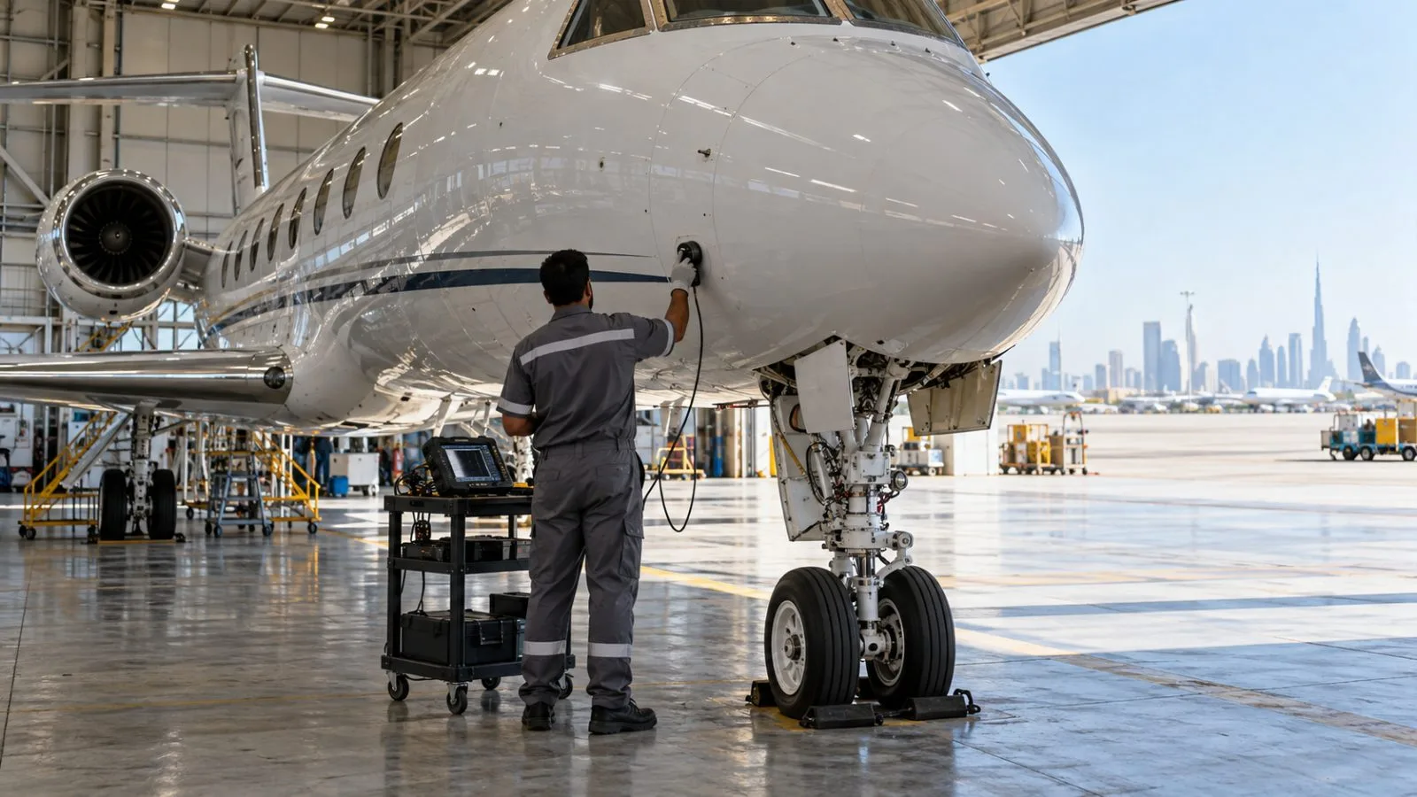 A technician examines a business jet’s nose gear door in a Dubai hangar. (AI-generated image / EconoTimes)