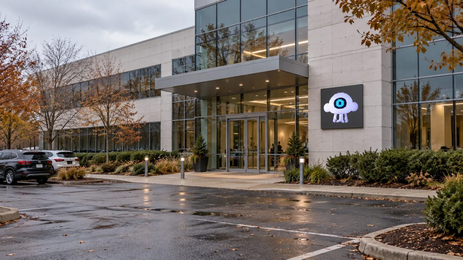 A glass-fronted office building stands along Maxess Road in Melville, New York, beneath gray skies. / EconoTimes.ai