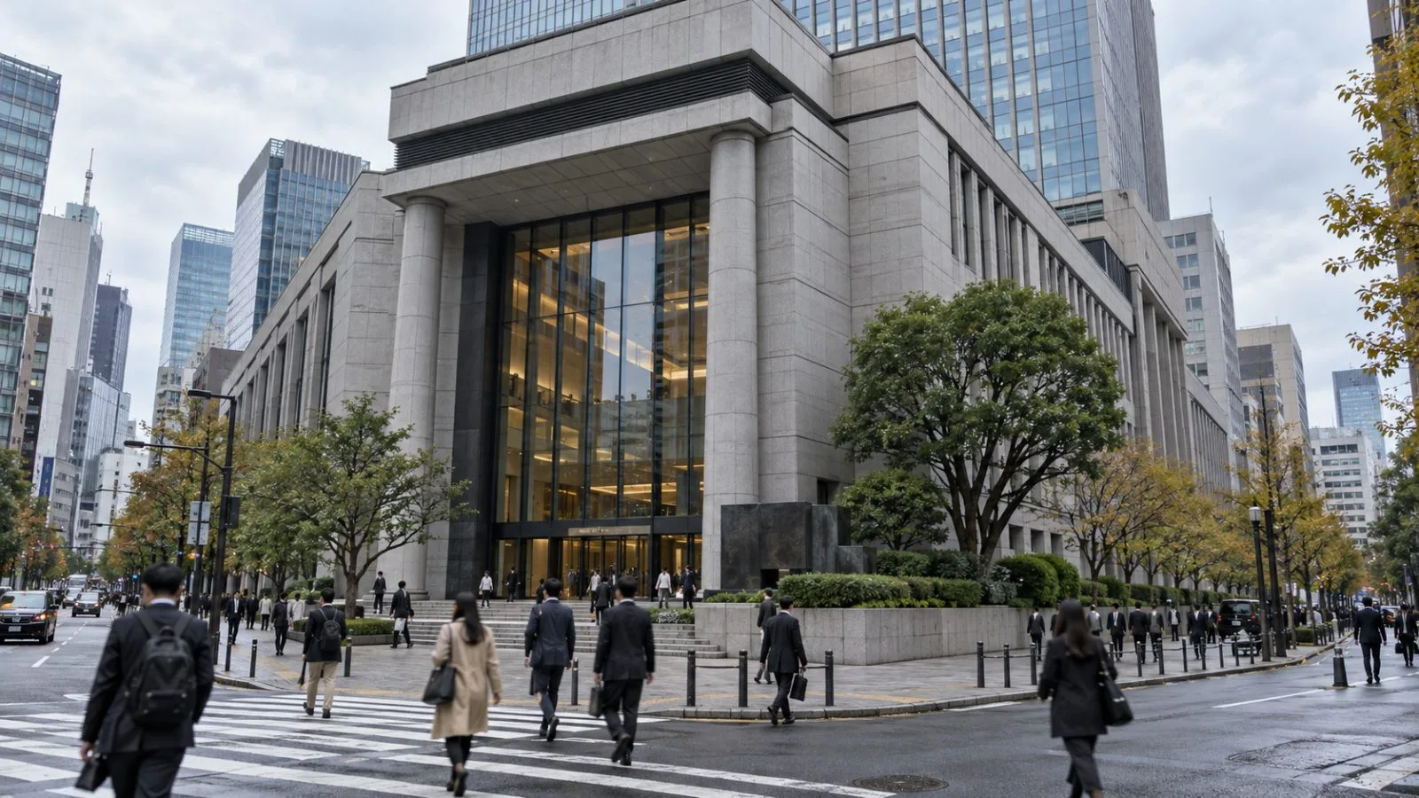 Commuters pass the Tokyo Stock Exchange in Kabutocho, Tokyo, beneath an overcast morning sky. (AI-generated image / EconoTimes)